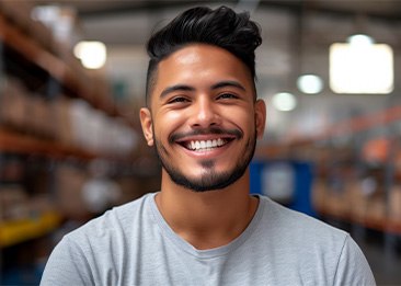 Man with straight teeth smiling in warehouse