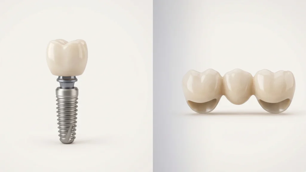 Side-by-side comparison of a dental bridge and a dental implant showing structure, placement, and longevity differences
