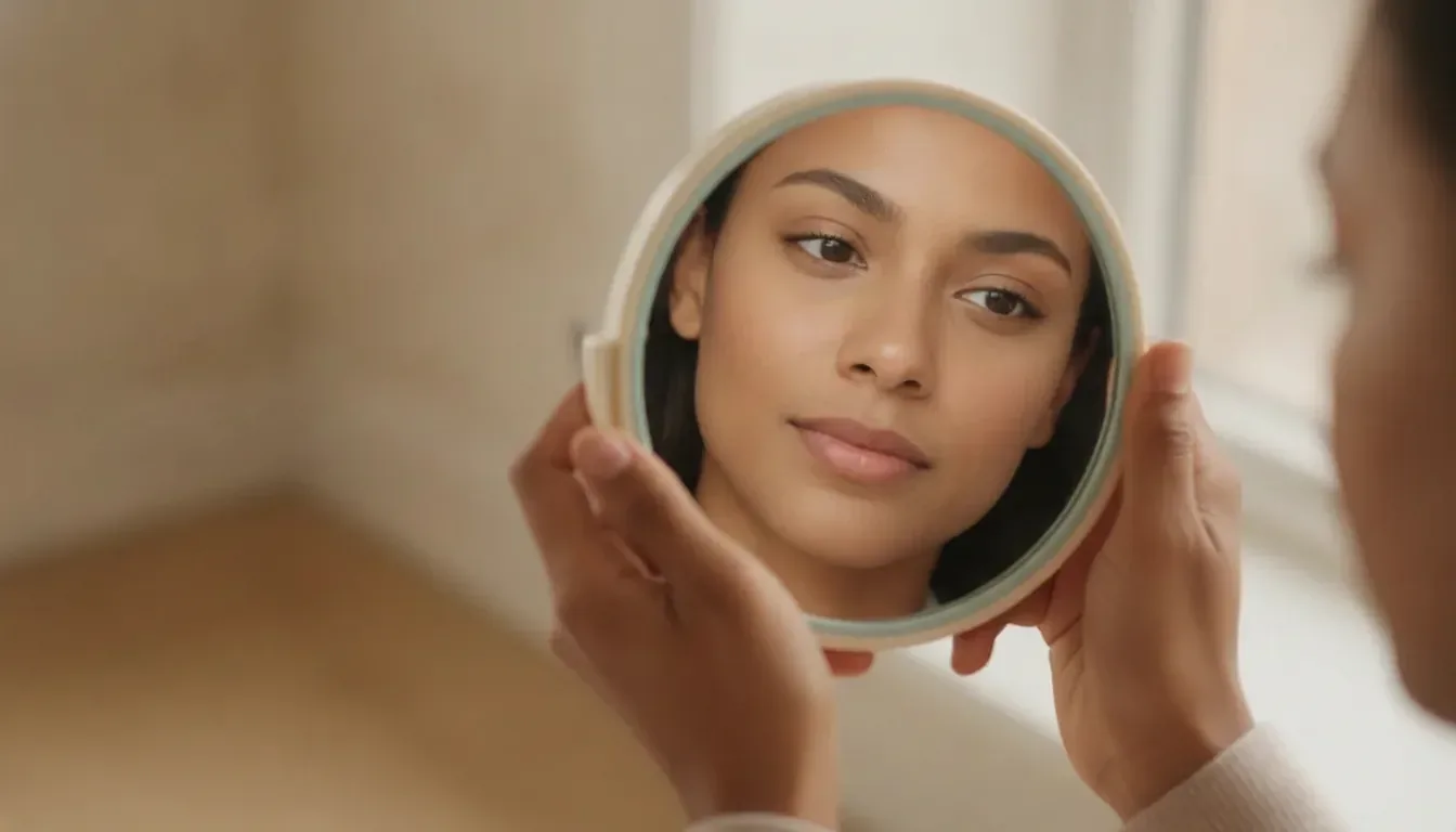 Woman checking her reflection in a hand mirror