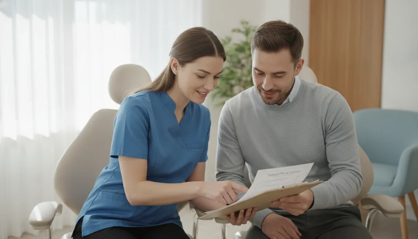 Dental staff reviewing a plan with a patient
