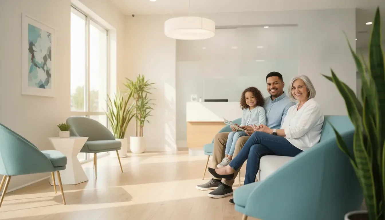 Family smiling in a dental waiting room
