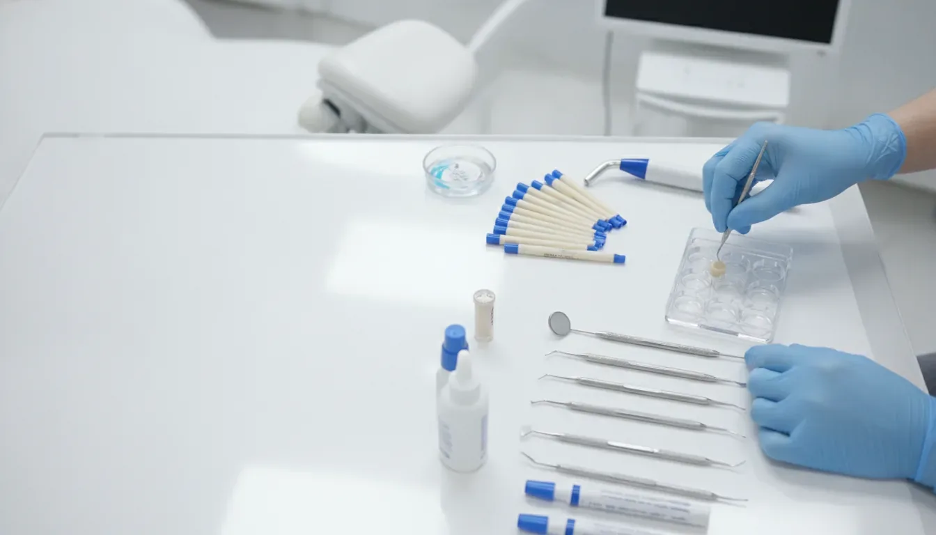 Dentist preparing dental instruments and materials for a dental filling