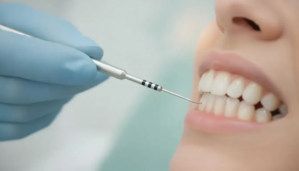 Dentist examining a patient's gums and teeth with a dental instrument