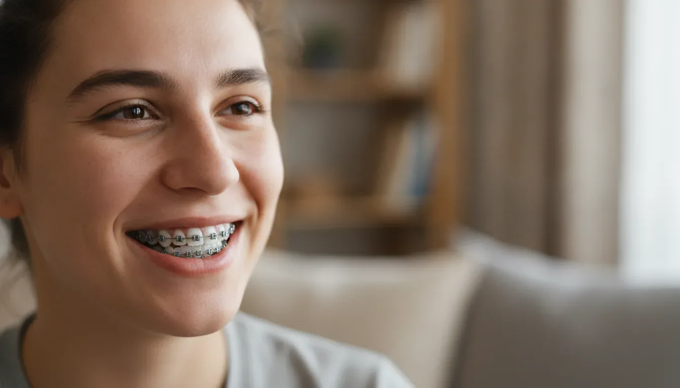 Smiling woman wearing braces during orthodontic treatment
