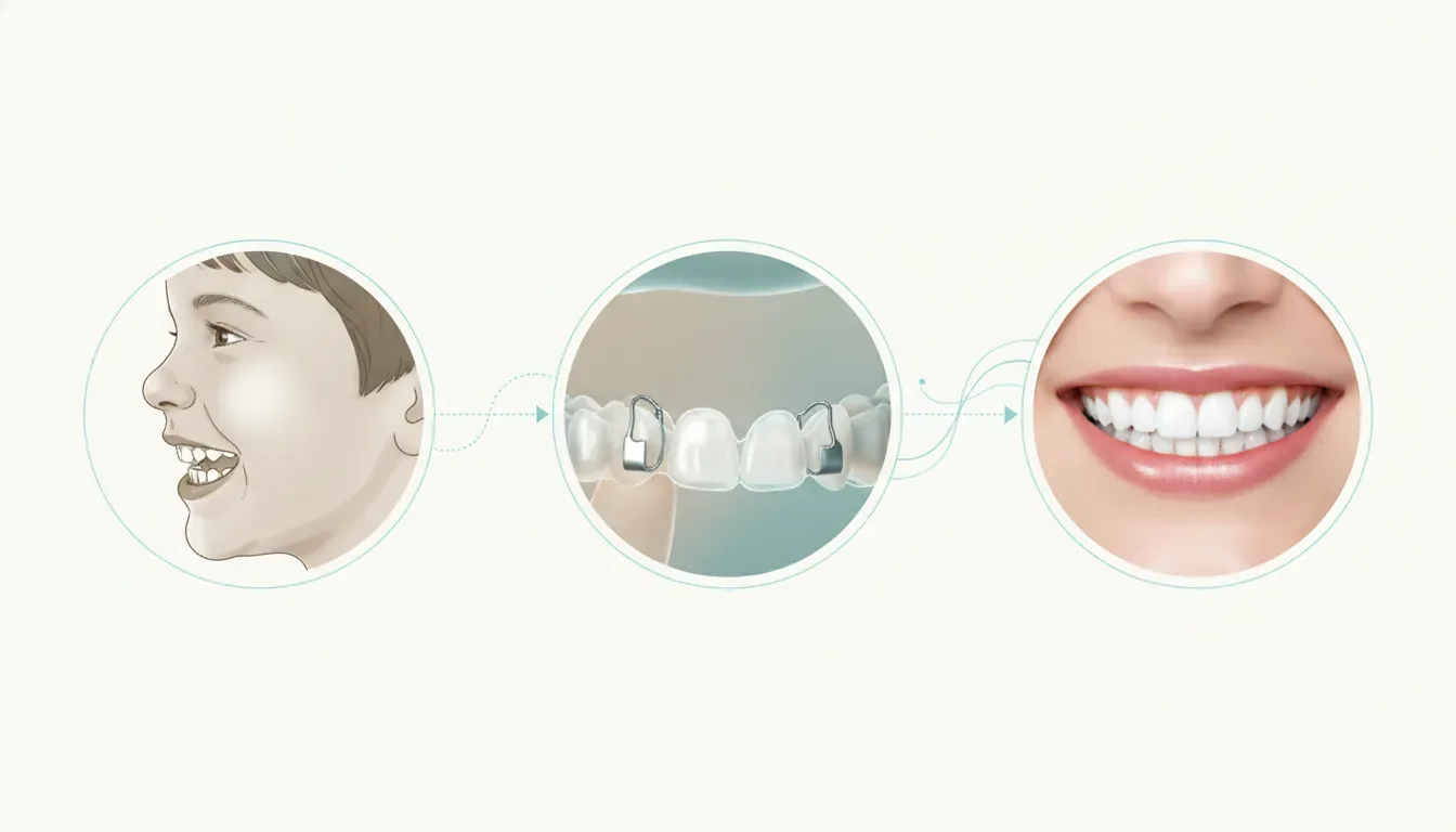 Illustration showing a side view of teeth, orthodontic braces and a straightened smile