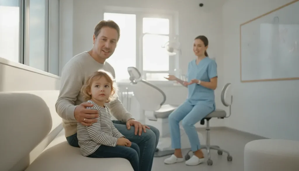 Father sitting with his young child in a dental clinic while a dentist explains their treatment