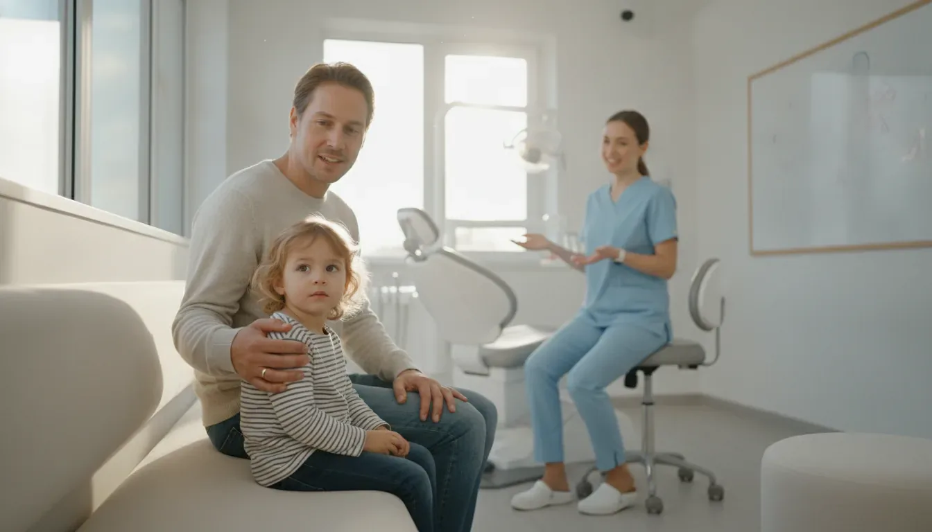 Father sitting with his young child in a dental clinic while a dentist explains their treatment
