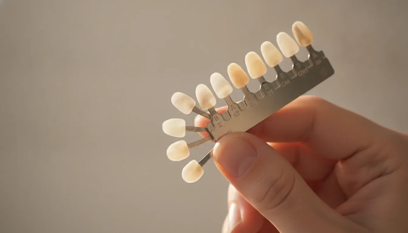 Close-up of a hand holding a dental shade guide to compare tooth colors