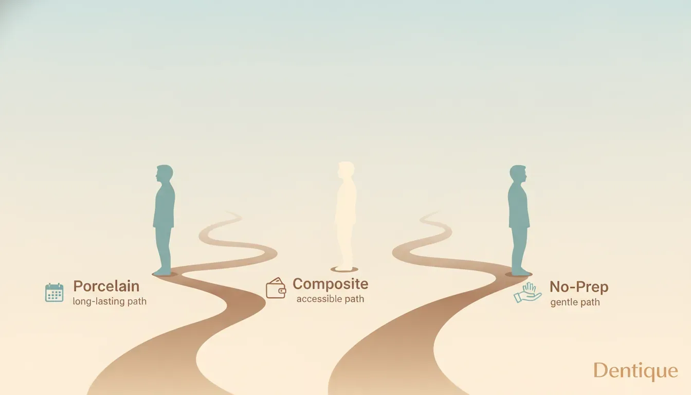 Infographic comparing porcelain, composite and no-prep veneers with three treatment paths