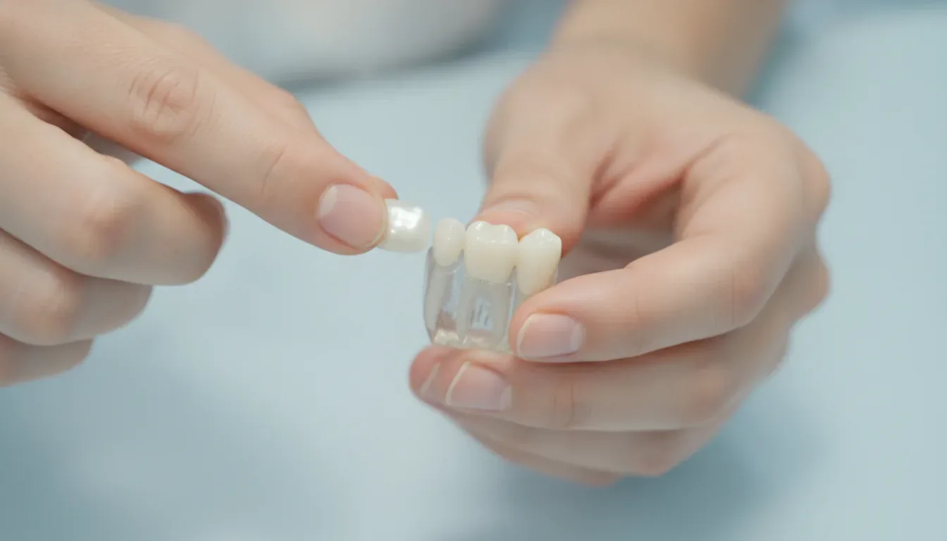 Close-up of hands holding a dental model to demonstrate veneer placement on teeth