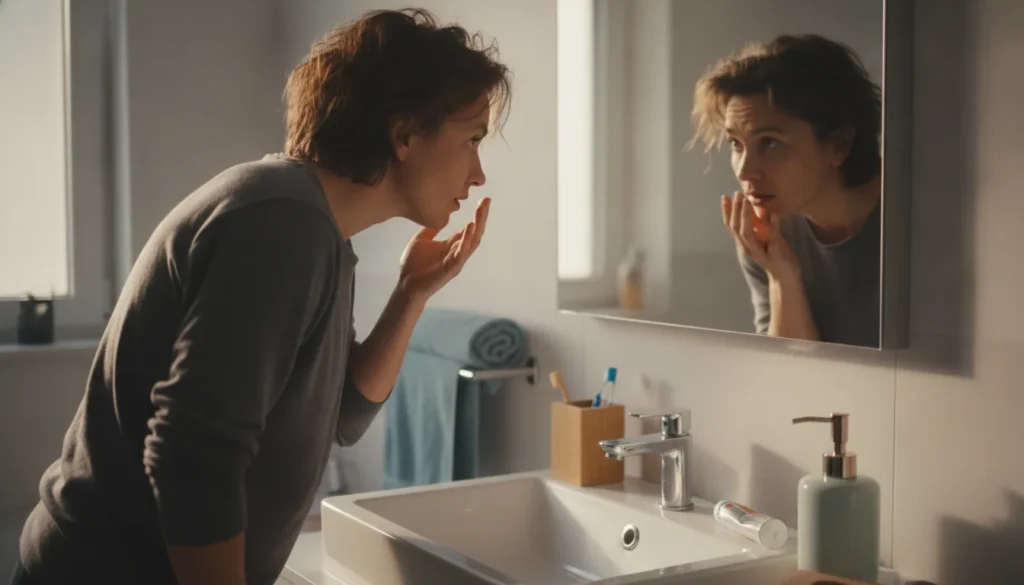 Woman checking breath odor in mirror